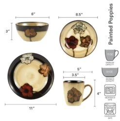 Painted Poppies 16 Piece Dinnerware Set, Service For 4 -Home Tableware 5088128 dimensions 01