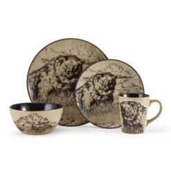 Mossy Oak Animal Print 16 Piece Dinnerware Set, Service For 4 -Home Tableware 5138758 4pc Bear onWhite