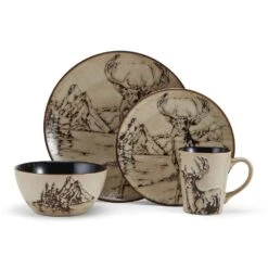 Mossy Oak Animal Print 16 Piece Dinnerware Set, Service For 4 -Home Tableware 5138758 4pc Deer onWhite