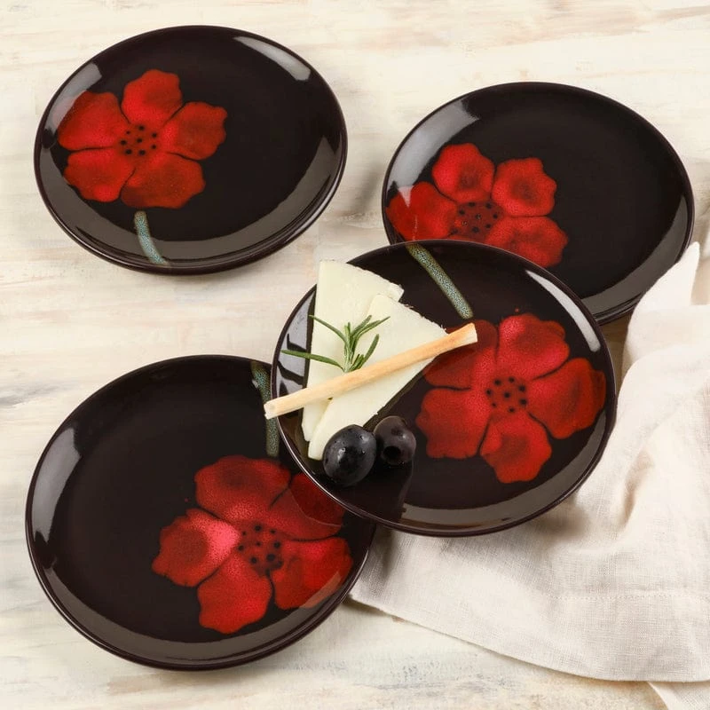 Painted Poppies Set Of 4 Appetizer Plates 4 Painted Poppies Set Of 4 Appetizer Plates - Image 2