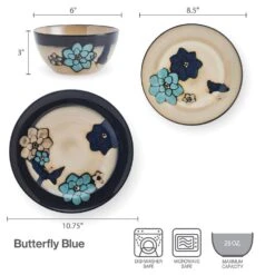Painted Butterfly Blue 12 Piece Dinnerware Set, Service For 4 15 Painted Butterfly Blue 12 Piece Dinnerware Set, Service For 4 -Home Tableware 5296888 PFZ Painted Butterfly Dims Infographic 1