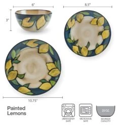 Painted Lemons 12 Piece Dinnerware Set, Service For 4 -Home Tableware 5296894 PFZ Painted Lemons 3pc Dims Infographic